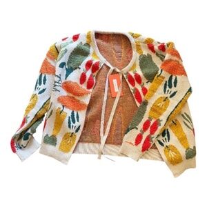 NWT Vegetable Embellished Sweater Tie Front Oversized Long Sleeve Open Front